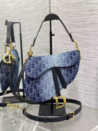D*or saddle bag with strap blue denim D*or oblique jacquard 25.5 x 20 x 6.5 cm