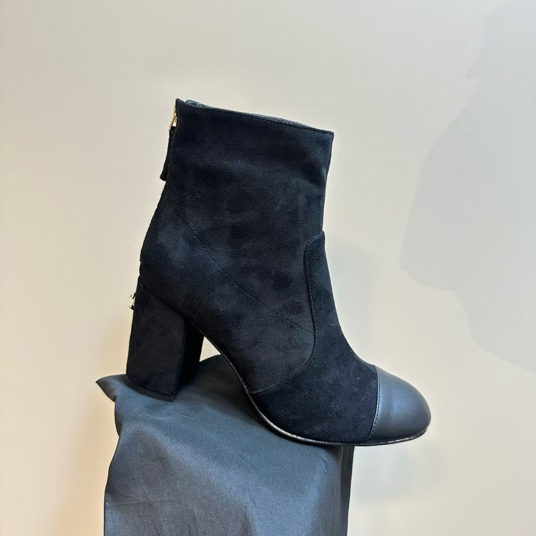 Ch*el short boots suede calfskin & lambskin black
