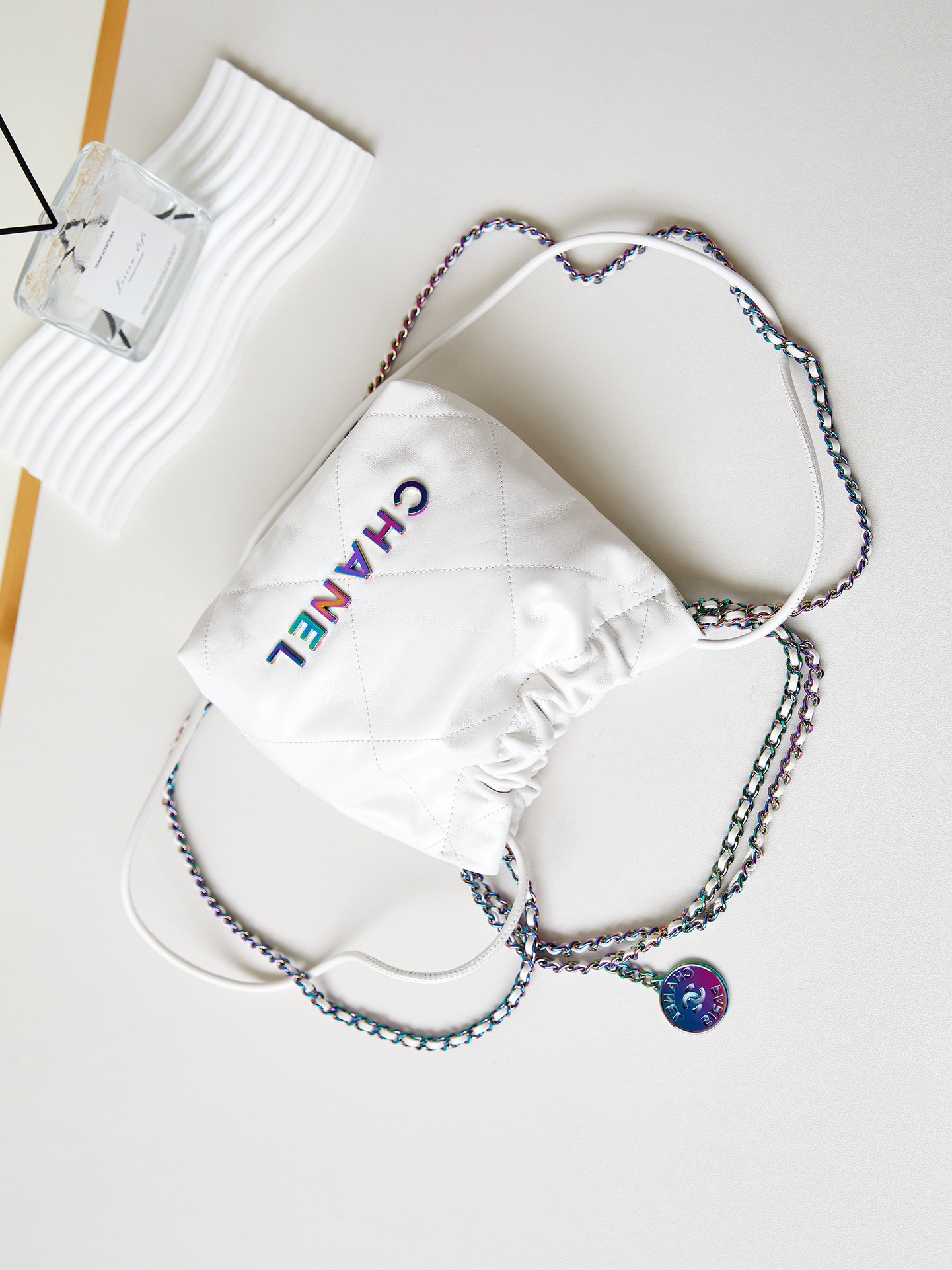 Ch*el 22 mini handbag shiny calfskin & rainbow metal white 7.8 × 7.4 × 2.3 in