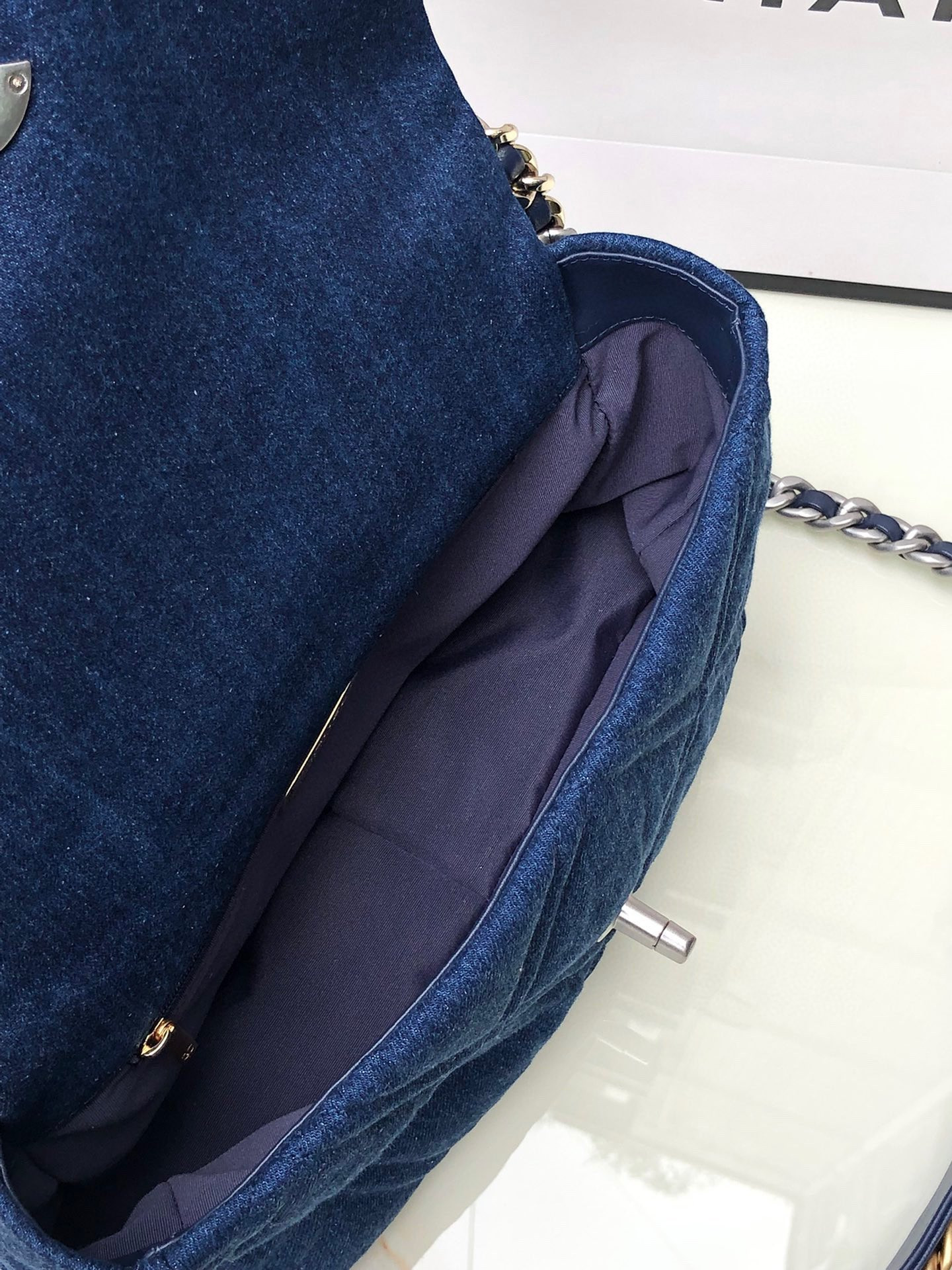 Ch*el 19 large handbag, gold-tone, silver-tone & ruthenium-finish metal blue 7.8 × 11.7 × 3.9 in