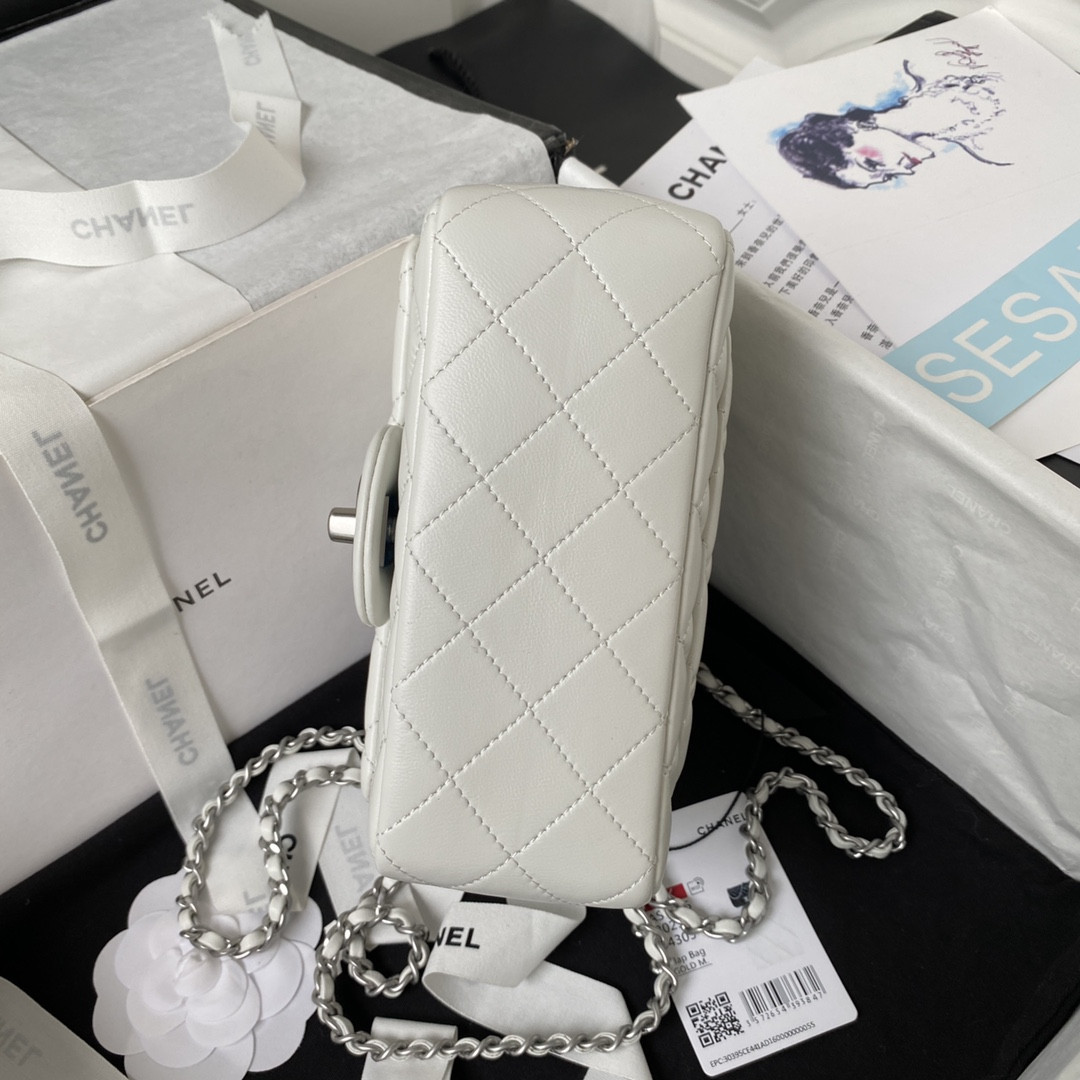Ch*el mini flap bag shiny calfskin & silver-tone metal white 5.3 × 6.6 × 3.1 in