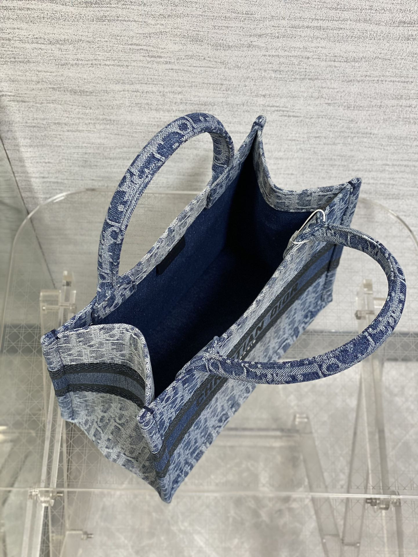large D*or book tote blue denim D*or oblique jacquard 26x8x22cm